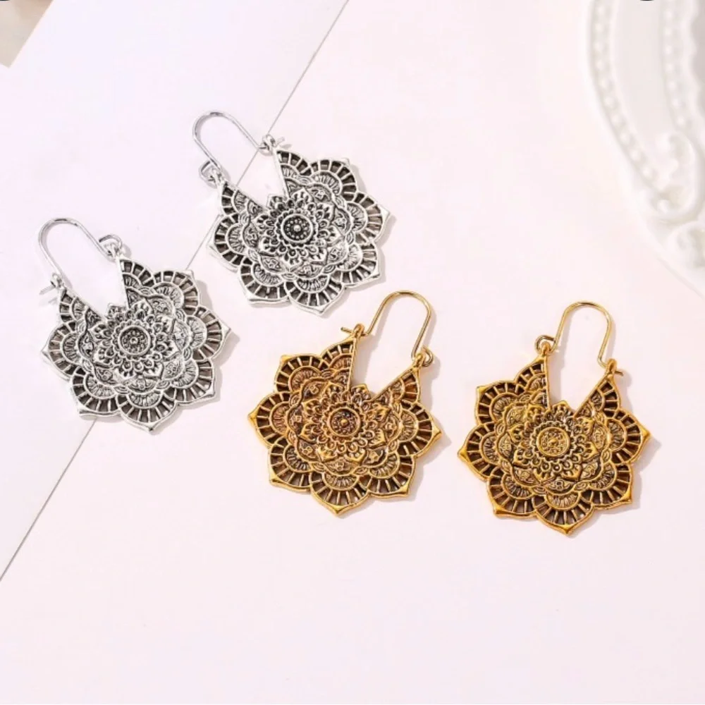 Gold Toned Mandala Design Earrings - Picture 3 of 4